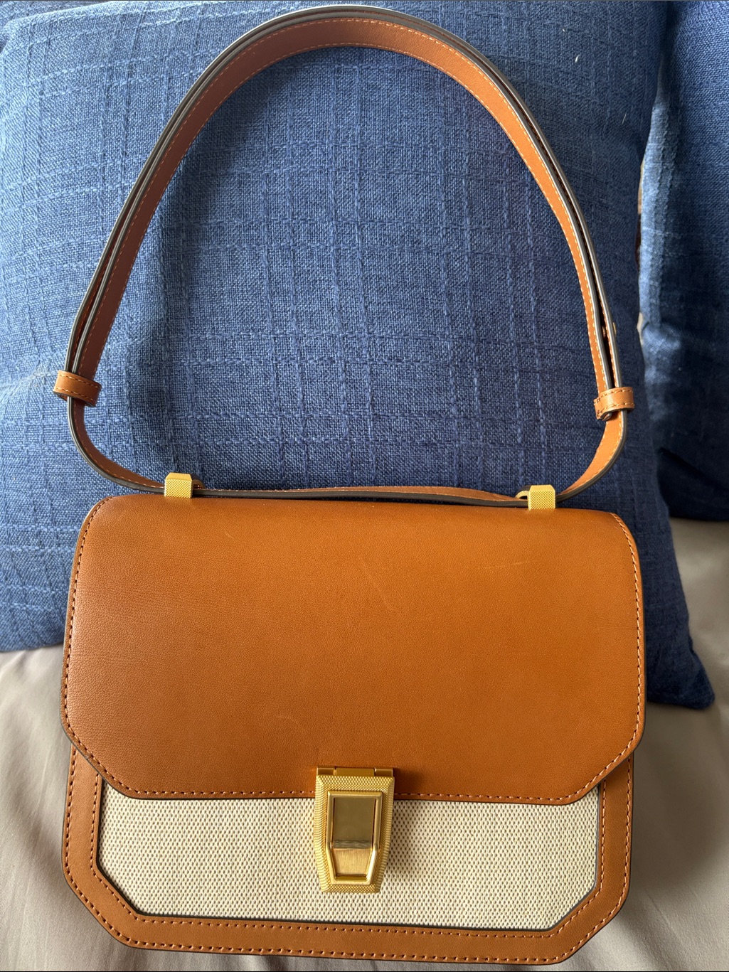 Rag & Bone New York Tan Leather And Canvas Shoulder Bag Adjustable Strap W/Dusty